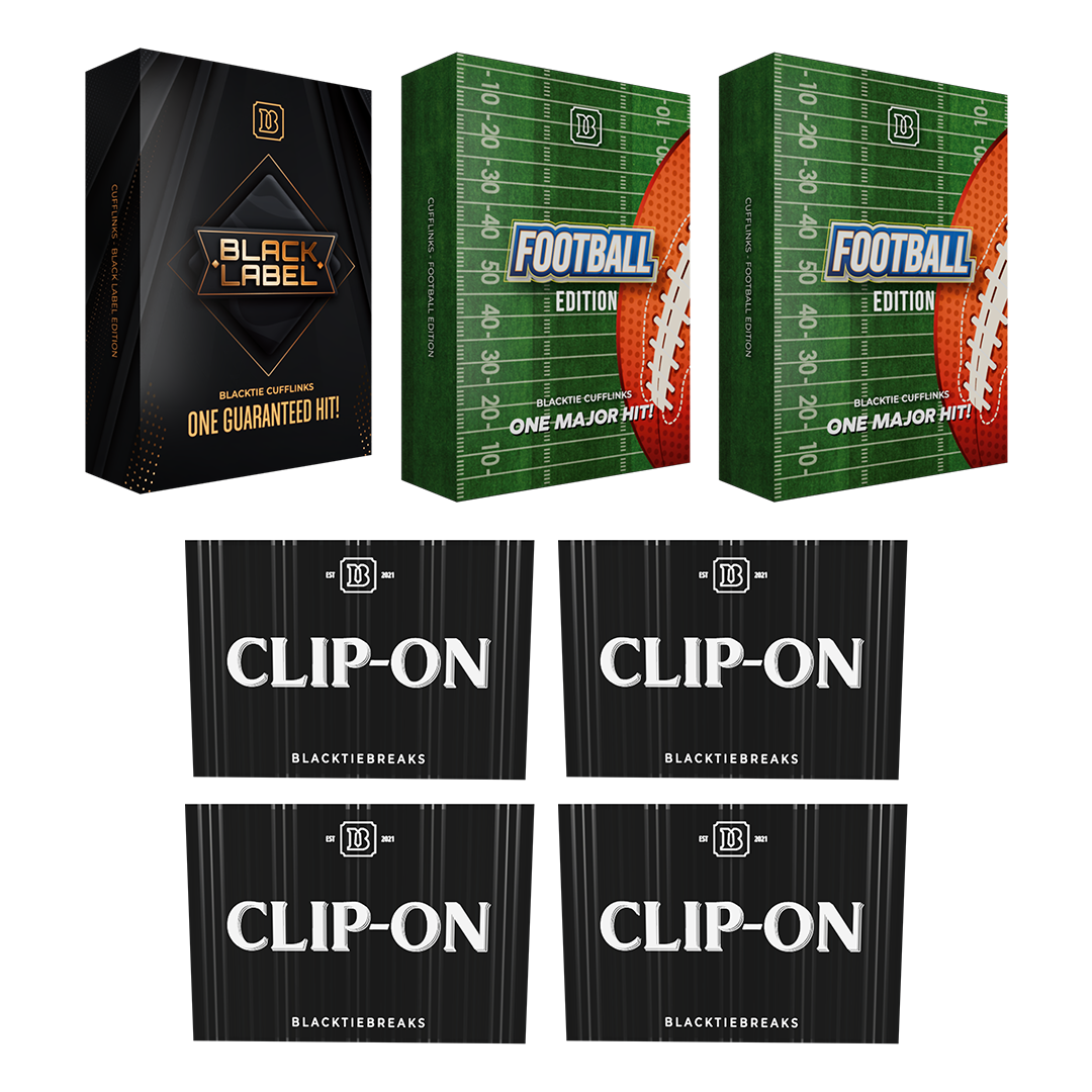 BREAK#497 FRIDAY 12/26/25 11:00 PM EST or RIP ON FILL BlackTie Football Black Label Edition Cufflink + BlackTie Football Edition Cufflink (x2) + BlackTie Football Clip-On (x4) Pick Your Team (BPFO)