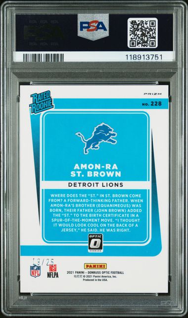2021 Donruss Optic Amon-Ra St.Brown Black Pandora #228 PSA NM-MT 8 Auto 10