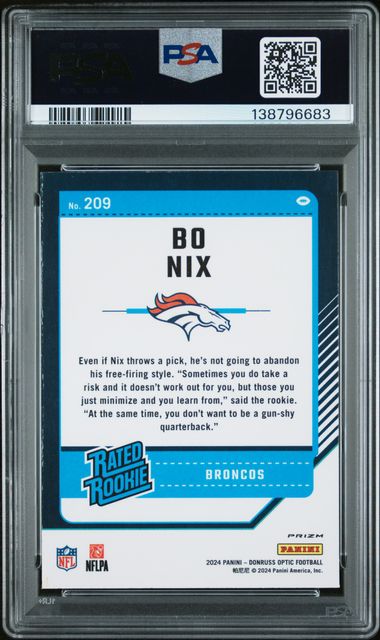 2024 Panini Donruss Optic Bo Nix Purple Shock #209 PSA 9 Auto 10