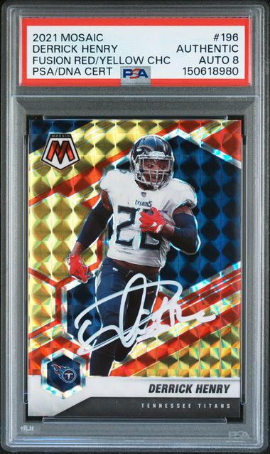 2021 Panini Mosaic Derrick Henry Fusion Red / Yellow Choice #196 PSA AUTH Auto 8