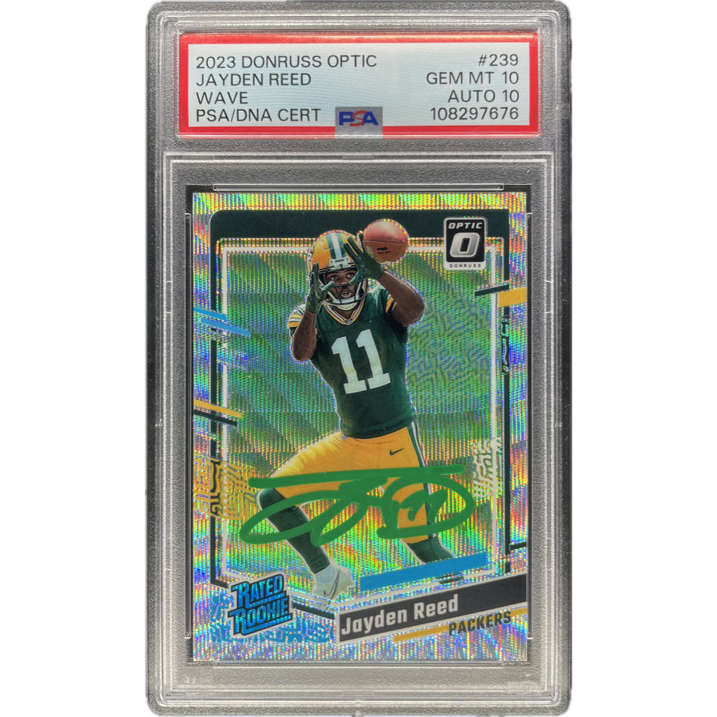 Jayden Reed - 2023 Donruss Optic Wave On-Card Auto PSA Graded Trading Card