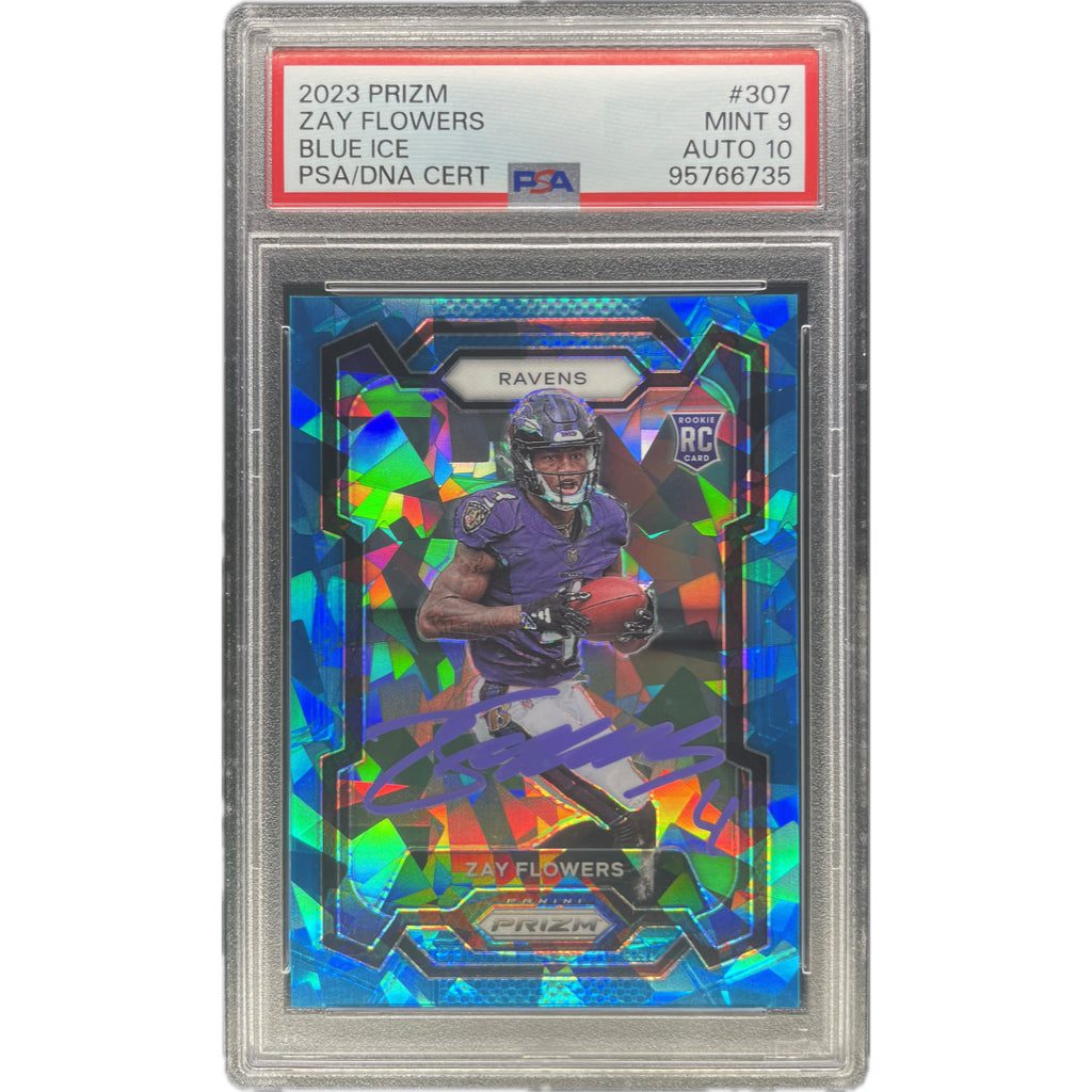 Zay Flowers - 2023 Panini Prizm Rookie Blue Ice #/99 On-Card Autograph - PSA Graded Trading Card