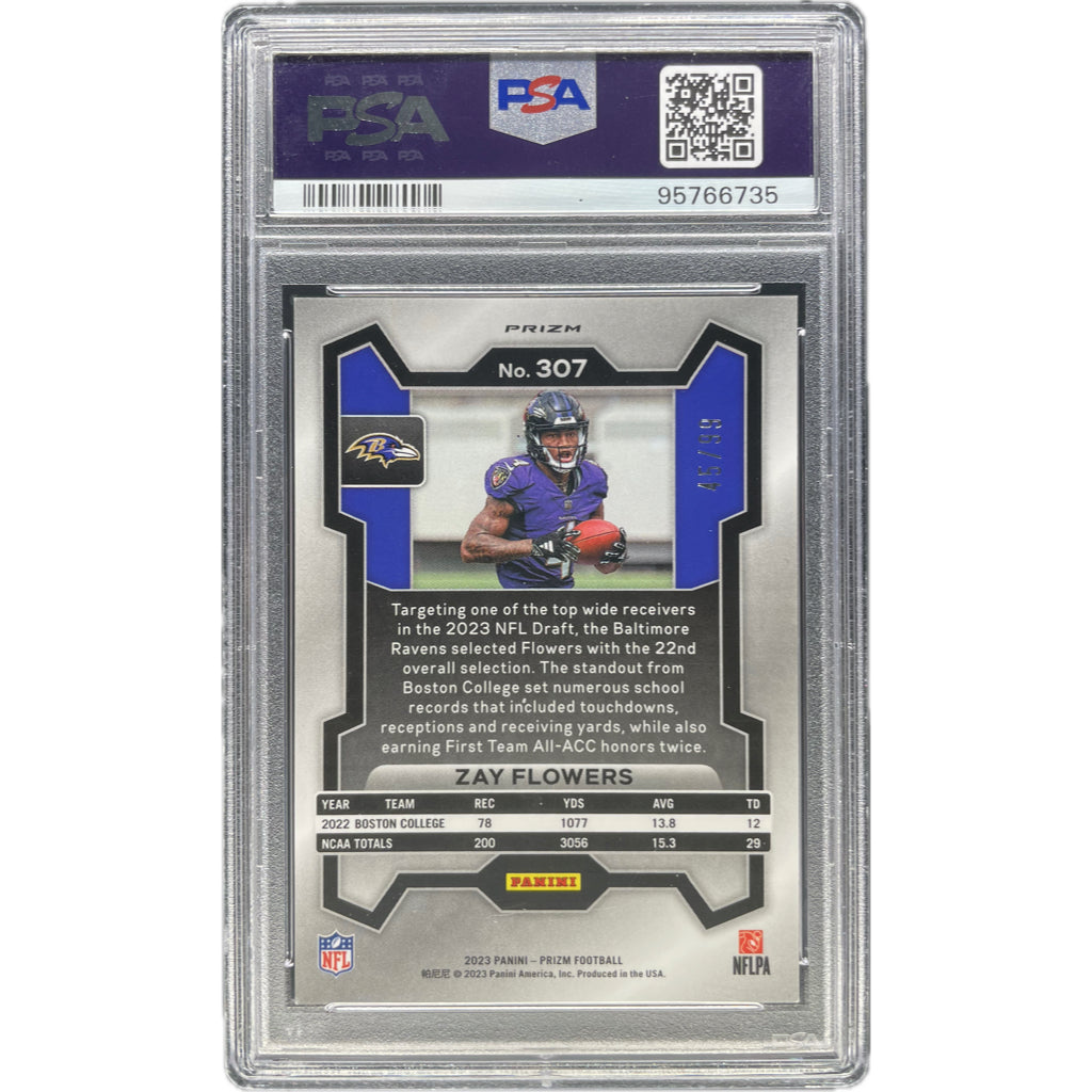 Zay Flowers - 2023 Panini Prizm Rookie Blue Ice #/99 On-Card Autograph - PSA Graded Trading Card