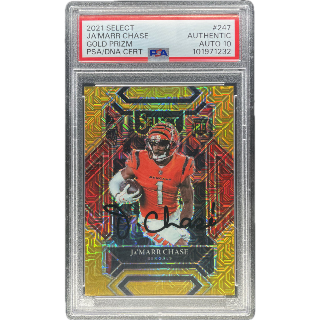 Jamarr Chase - 2021 Panini Select Gold Prizm #/10 On-Card Autograph - PSA Graded Trading Card