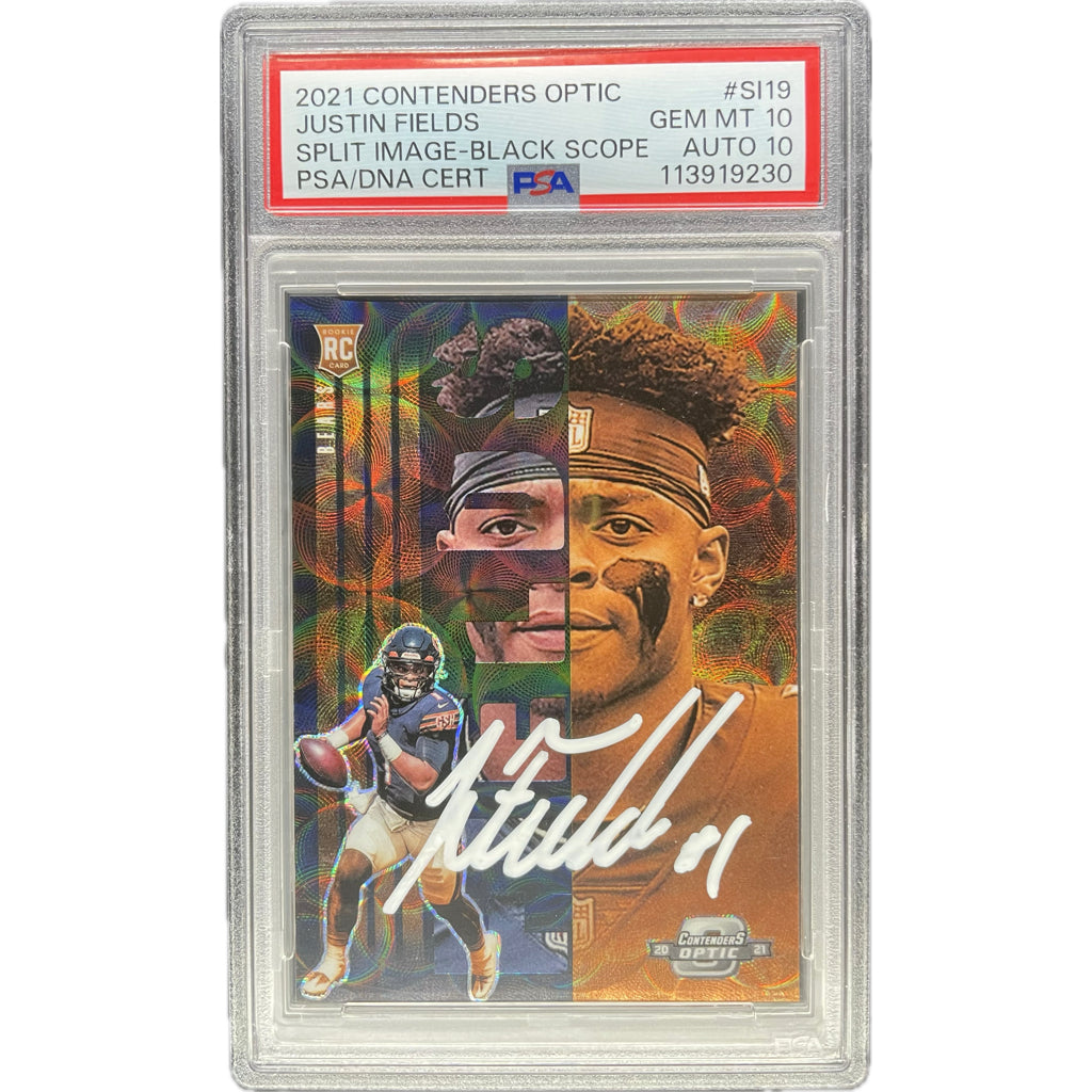 Justin Fields - 2021 Contenders Optic Black Scope Splitting Image 20/25 On-Card Auto PSA Graded Trading Card