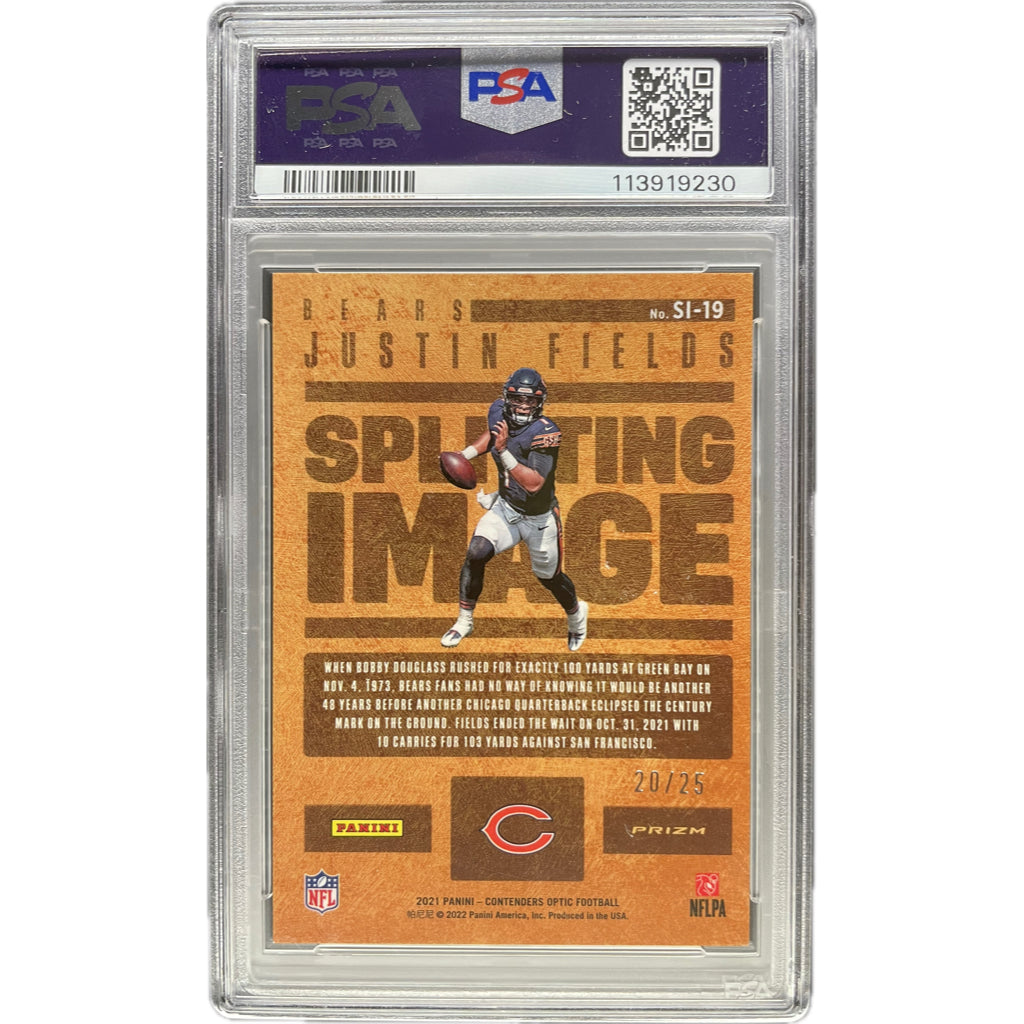 Justin Fields - 2021 Contenders Optic Black Scope Splitting Image 20/25 On-Card Auto PSA Graded Trading Card