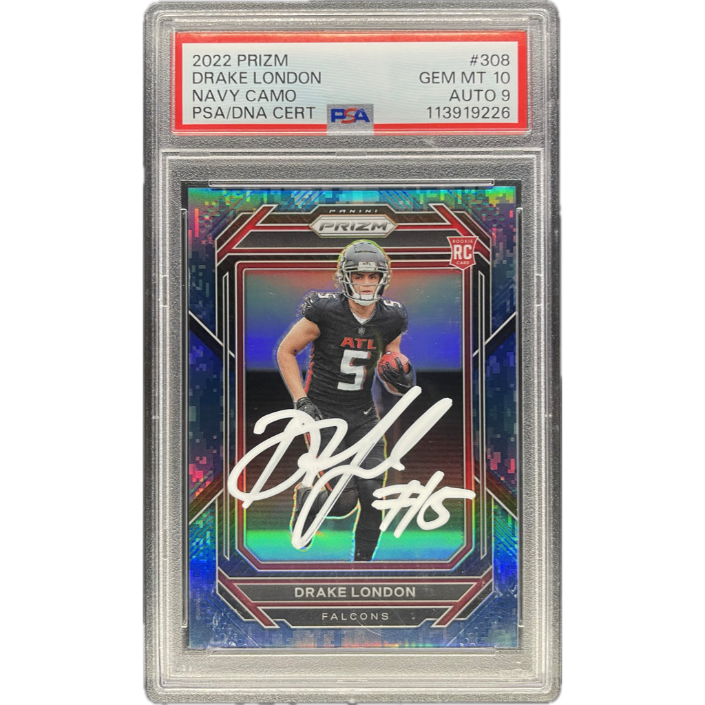 Drake London - 2022 Prizm Navy Camo Rookie 15/25 On-Card Auto PSA Graded Trading Card