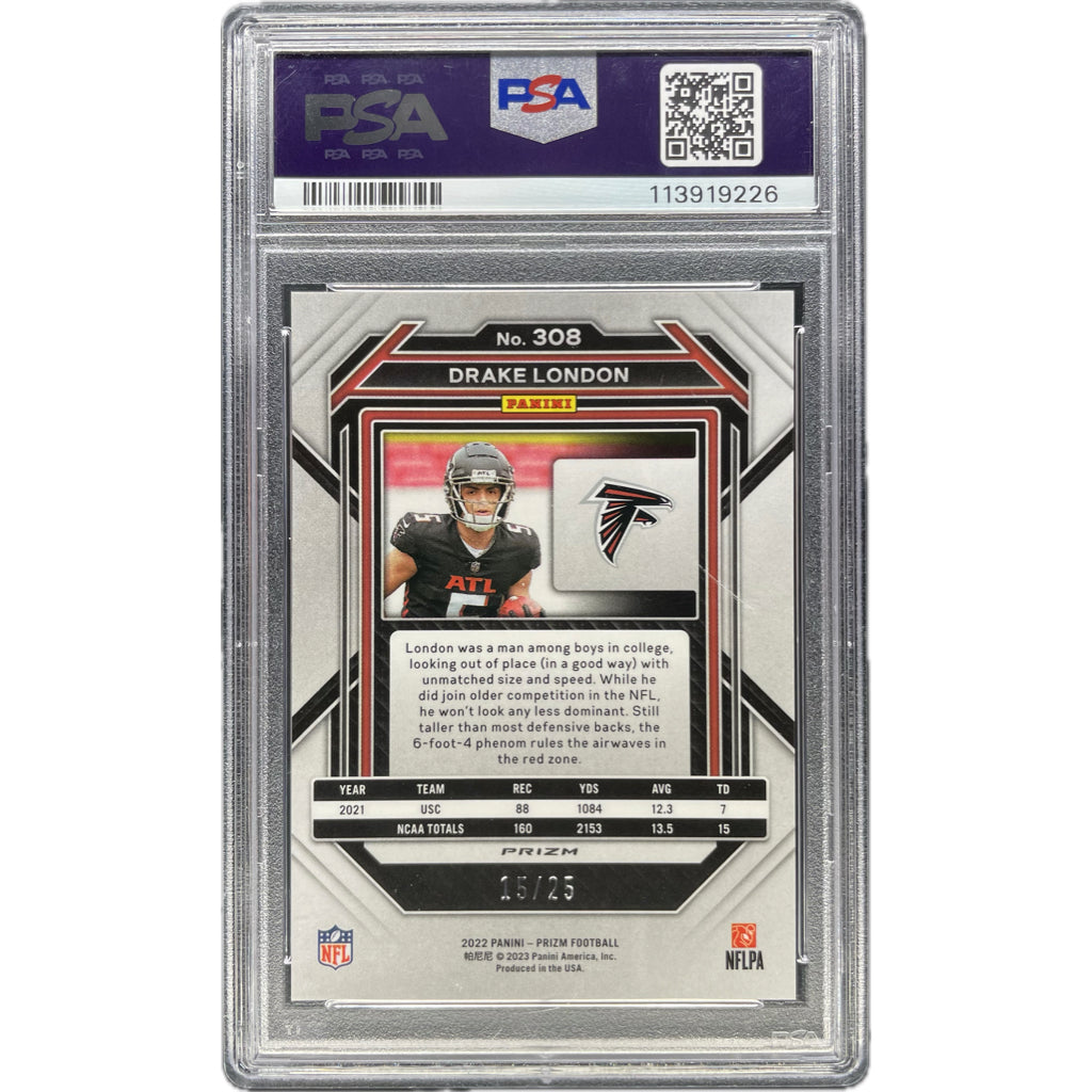 Drake London - 2022 Prizm Navy Camo Rookie 15/25 On-Card Auto PSA Graded Trading Card