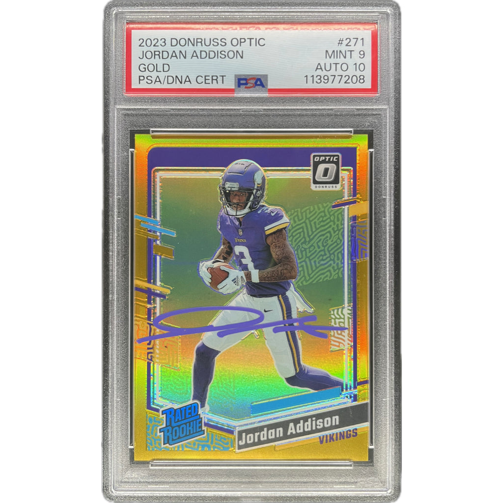 Jordan Addison - 2023 Donruss Optic Gold Rated Rookie On-Card Auto PSA Graded Trading Card