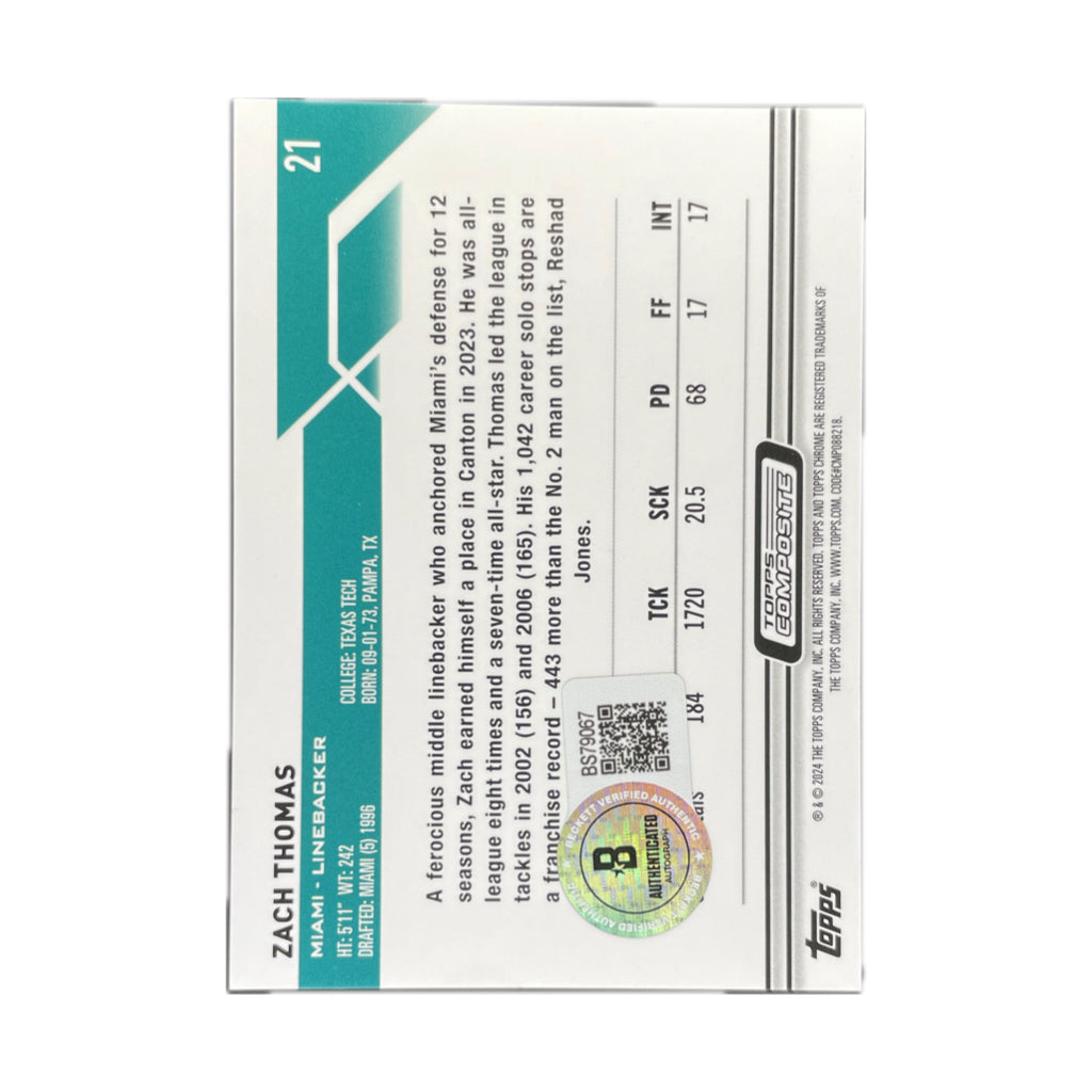 Zach Thomas - 2024 Topps Composite Purple Refractor On-Card Autograph 062/275