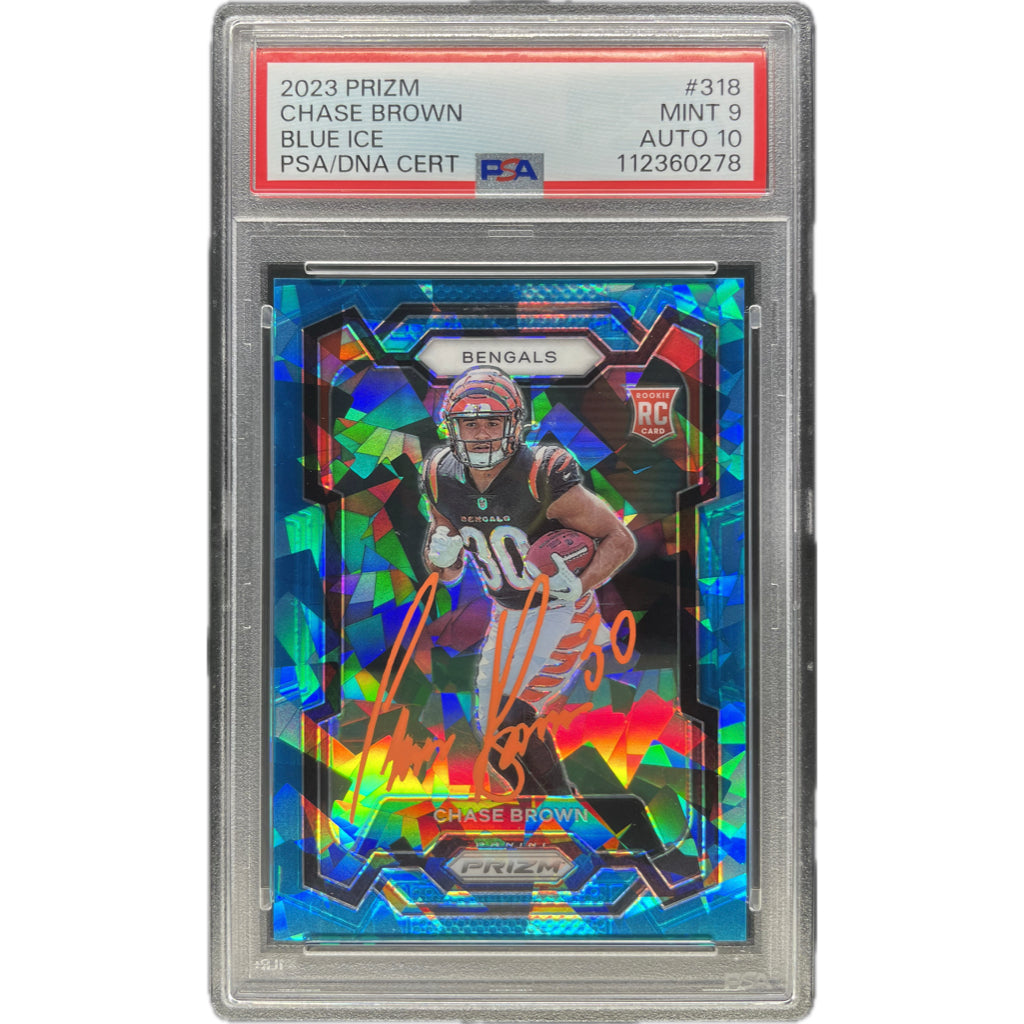 Chase Brown - 2023 Prizm Blue Cracked Ice On-Card Autograph - PSA Graded Trading Card