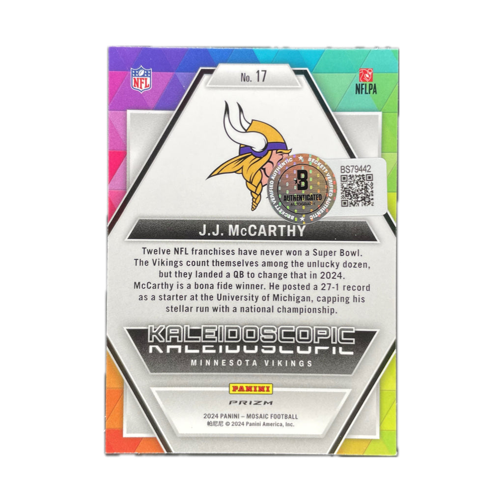 J.J. McCarthy - 2024 Mosaic Kaleidoscope On-Card Autograph - Beckett Authenticated Trading Card