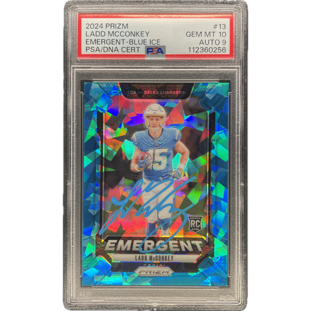Ladd McConkey - 2024 Prizm Emergent Blue Ice On-Card Autograph - PSA Authenticated Trading Card