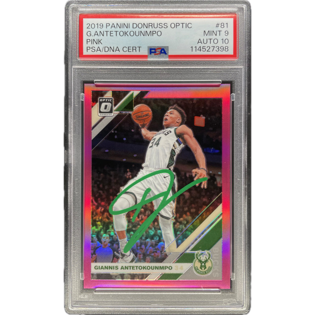 Giannis Antetokounmpo - 2023 Panini Donruss Optic Pink /25 On-Card Autograph - PSA Authenticated Trading Card