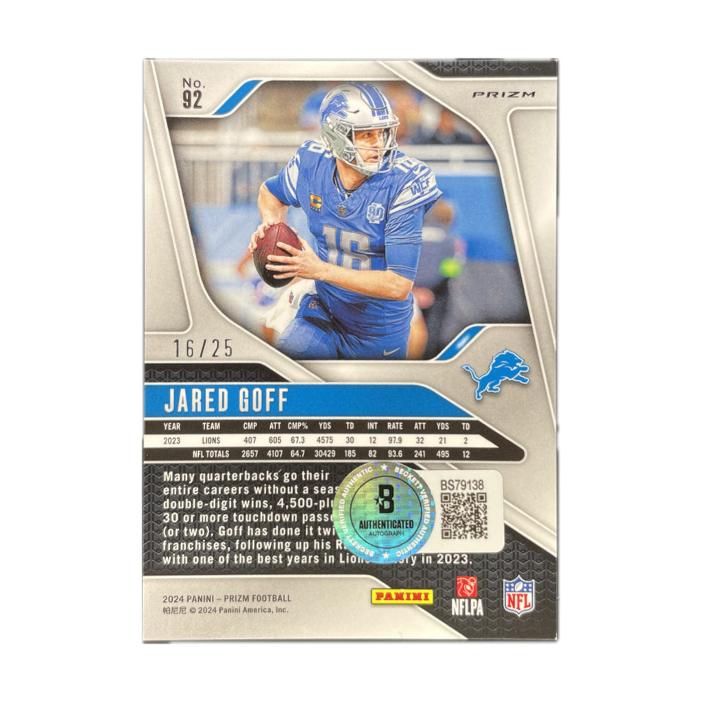 Jared Goff - 2024 Prizm Blue Camo On-Card Autograph - Beckett Authenticated Trading Card