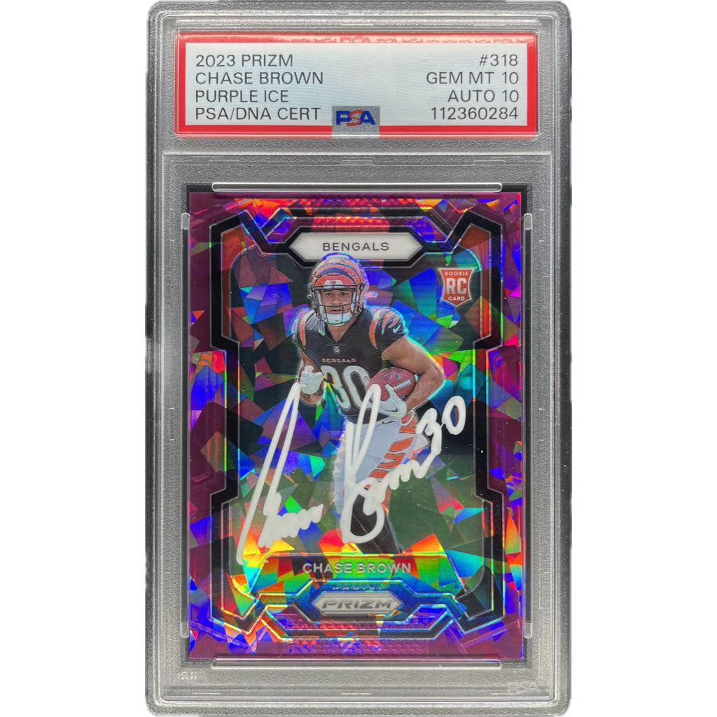 Chase Brown - 2023 Prizm Purple Cracked Ice On-Card Autograph - PSA Graded Trading Card