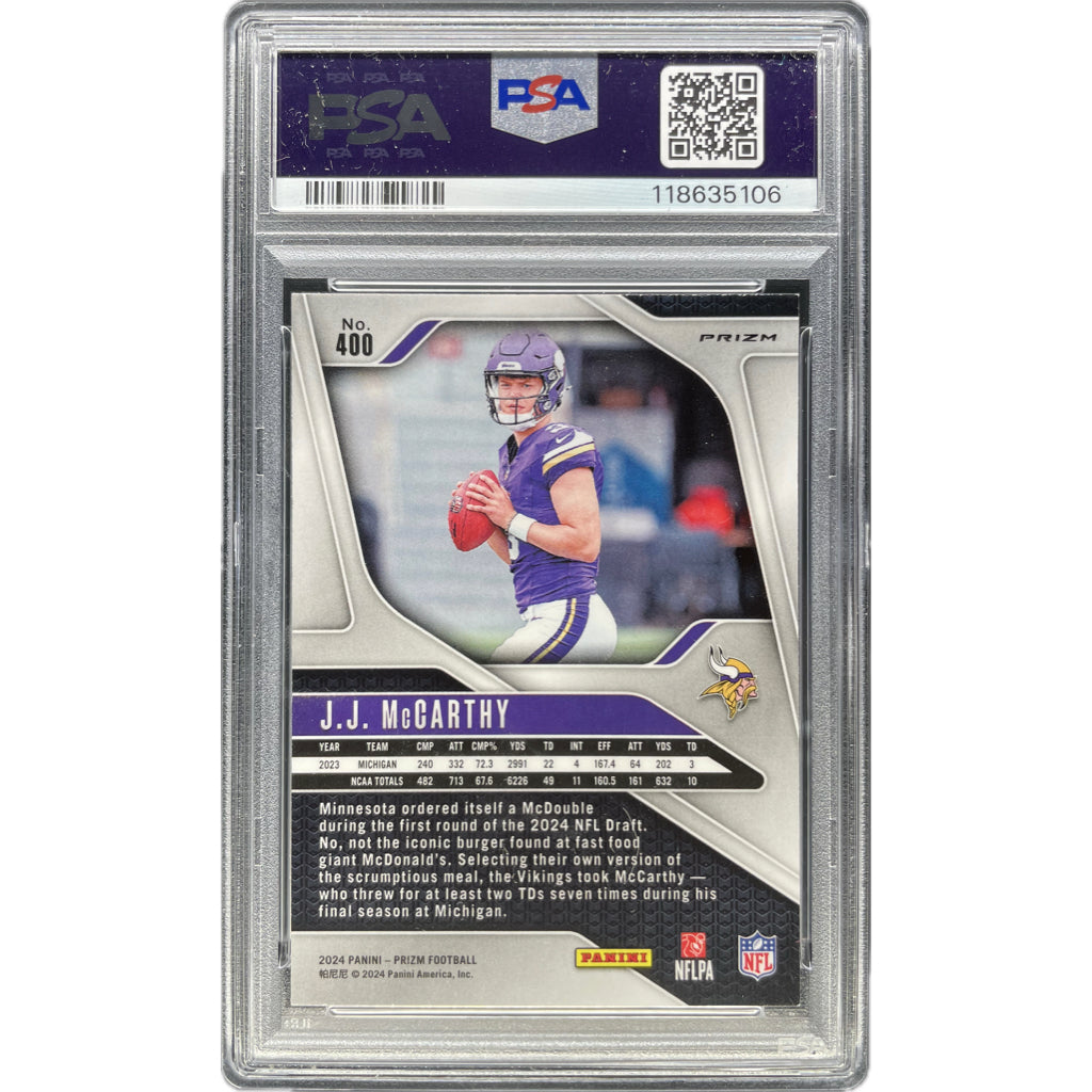 J.J. McCarthy - 2024 Prizm Black & White Checker On-Card Autograph - PSA Graded Trading Card