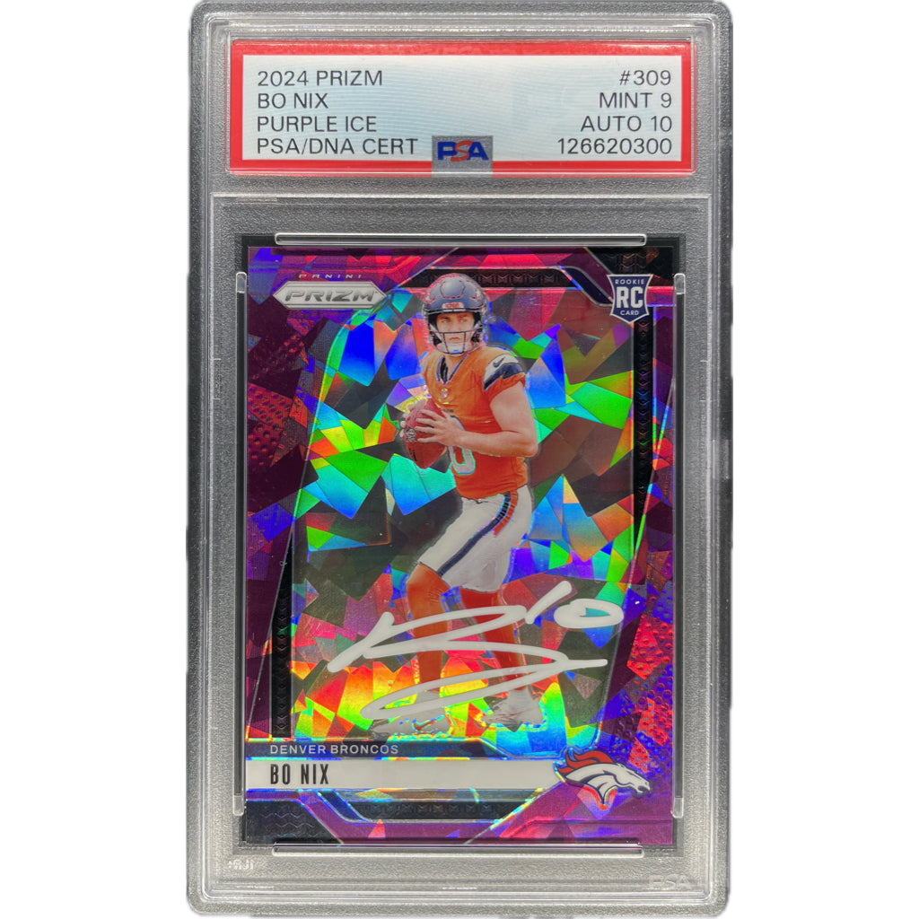 Bo Nix - 2024 Prizm Purple Ice On-Card Autograph - PSA Graded Trading Card