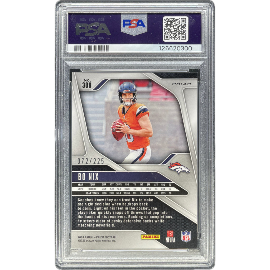 Bo Nix - 2024 Prizm Purple Ice On-Card Autograph - PSA Graded Trading Card