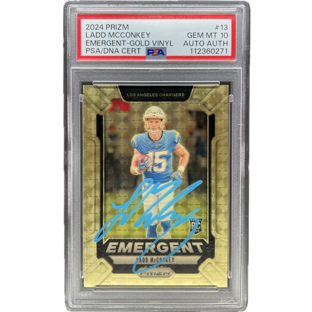 Ladd McConkey - Prizm Emergent Gold Vinyl On-Card Autograph - PSA Graded Trading Card