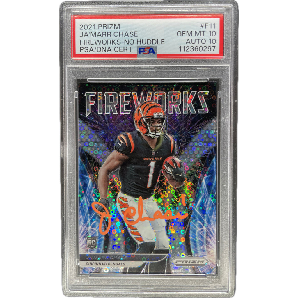Ja'Marr Chase - 2021 Prizm Fireworks No Huddle On-Card Autograph - PSA Graded Trading Card