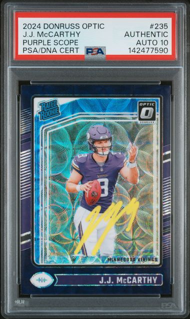 2024 Panini Donruss Optic JJ Mccarthy Purple Scope #235 PSA AUTH Auto 10