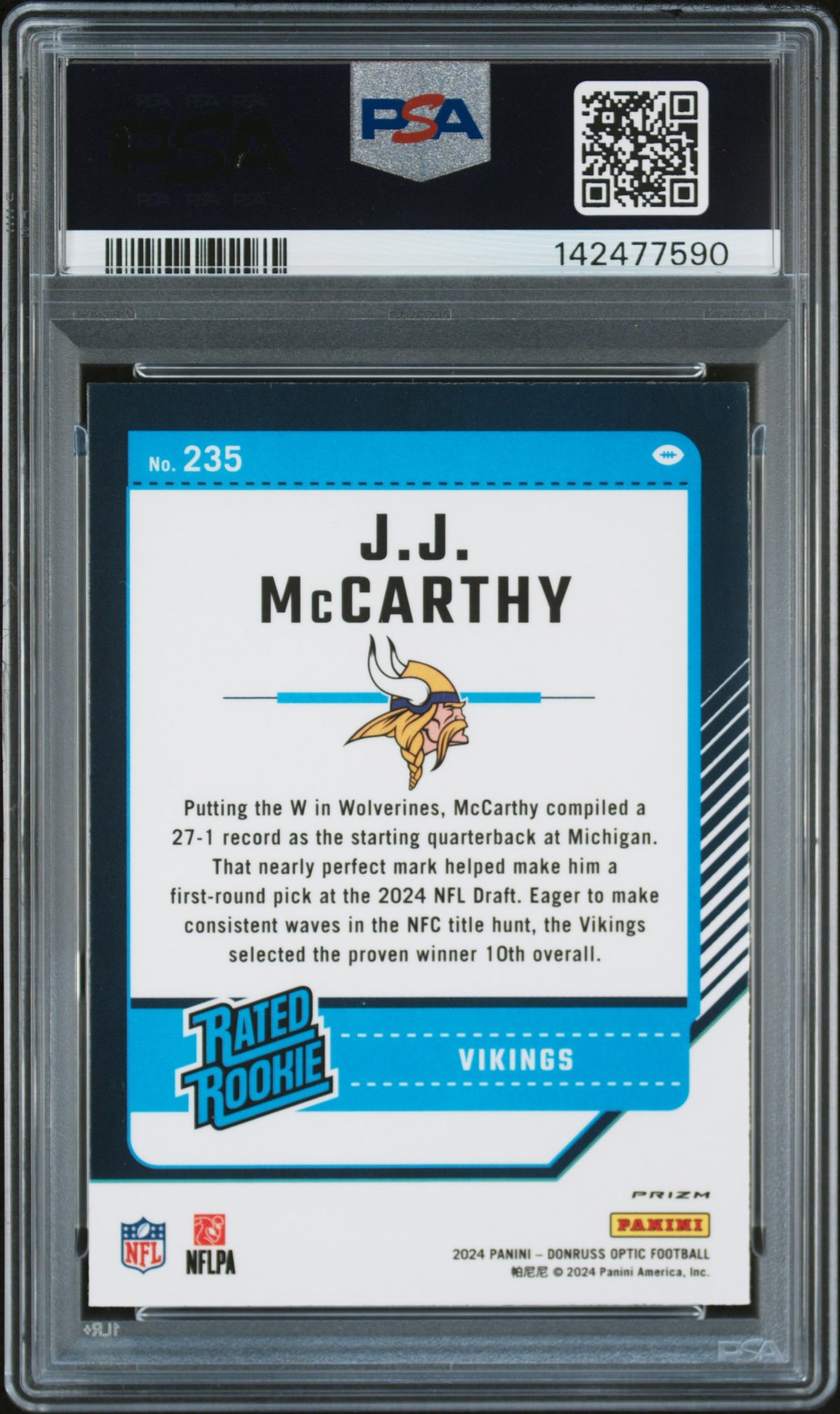 2024 Panini Donruss Optic JJ Mccarthy Purple Scope #235 PSA AUTH Auto 10