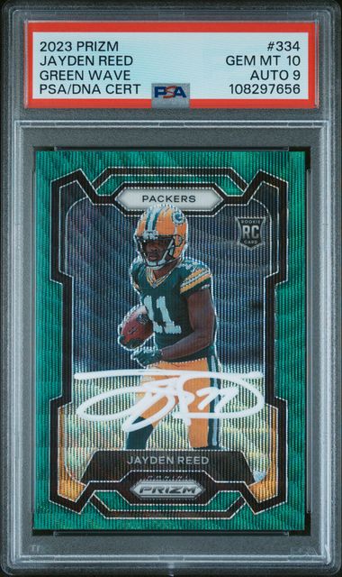 2023 Panini Prizm Jayden Reed Green Wave #334 PSA 10 Auto 9