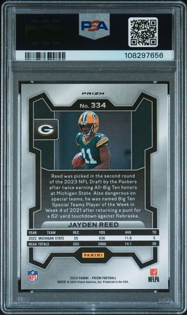 2023 Panini Prizm Jayden Reed Green Wave #334 PSA 10 Auto 9