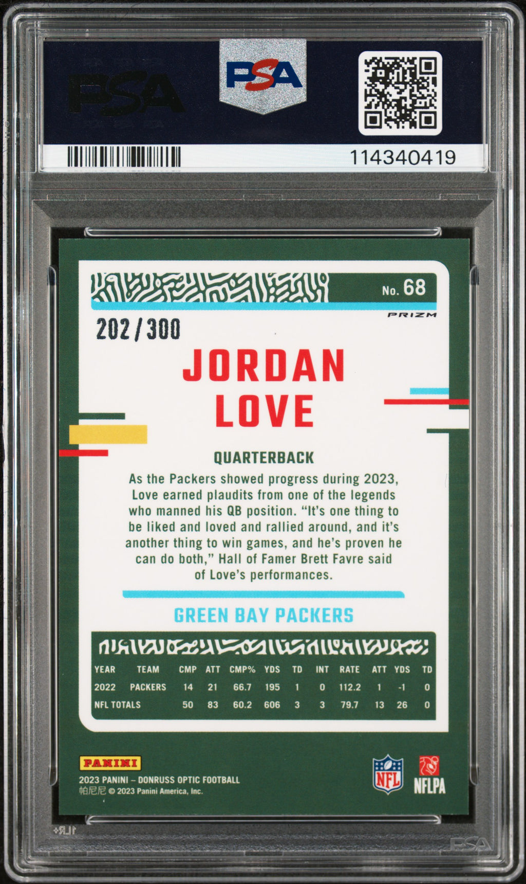 2023 Panini Donruss Optic Jordan Love Wave #68 PSA 9 Auto 10