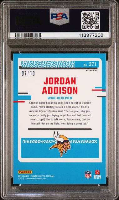 2023 Donruss Optic Jordan Addison Gold #271 PSA Mint 9 Auto 10