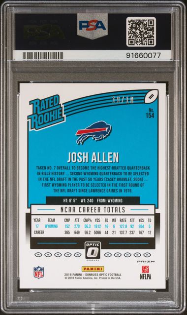 2018 Panini Donruss Optic Josh Allen Gold #154 PSA Auth Auto 10