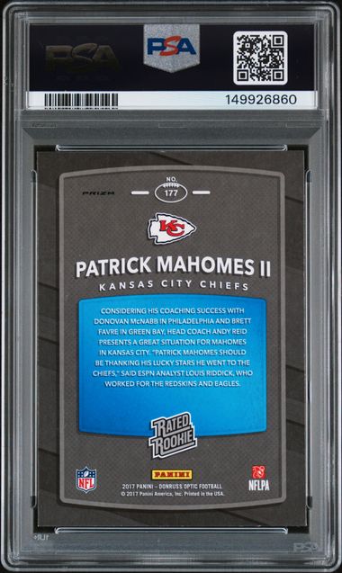 2017 Panini Donruss Optic Patrick Mahomes II Lime #177 PSA Mint 9 Auto 10