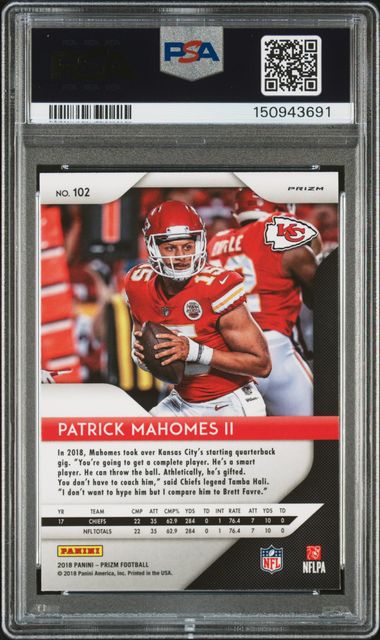 2018 Panini Prizm Patrick Mahomes II Lazer Prizm #102 PSA GM-MT 10 Auto 10