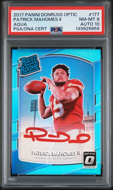 2017 Panini Donruss Optic Patrick Mahomes II Aqua #177 PSA NM-MT 8 Auto 10