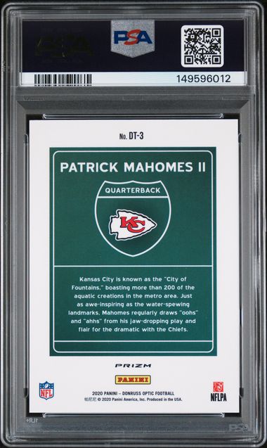 2020 Panini Donruss Optic Patrick Mahomes II Downtown #DT3 PSA Auth Auto 10