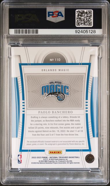 2022 National Treasures Paolo Banchero Patch Autograph-Bronze #110 PSA Mint 9