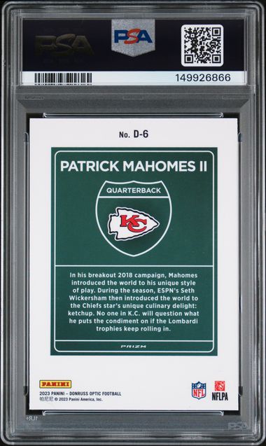 2023 Panini Donruss Optic Patrick Mahomes II Downtown! #D6 PSA Mint 9 Auto 10
