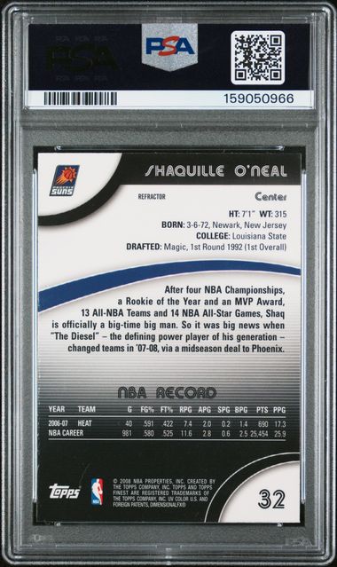 2007 Finest Shaquille O'Neal Refractor #32 PSA GM-MT 10 Auto 10