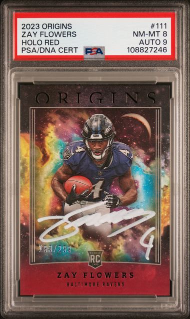 2023 Panini Origins Zay Flowers Holo Red #111 PSA 8 Auto 9
