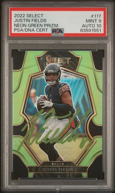 2022 Panini Select Justin Fields Neon Green Prizm #117 PSA 9 Auto 10